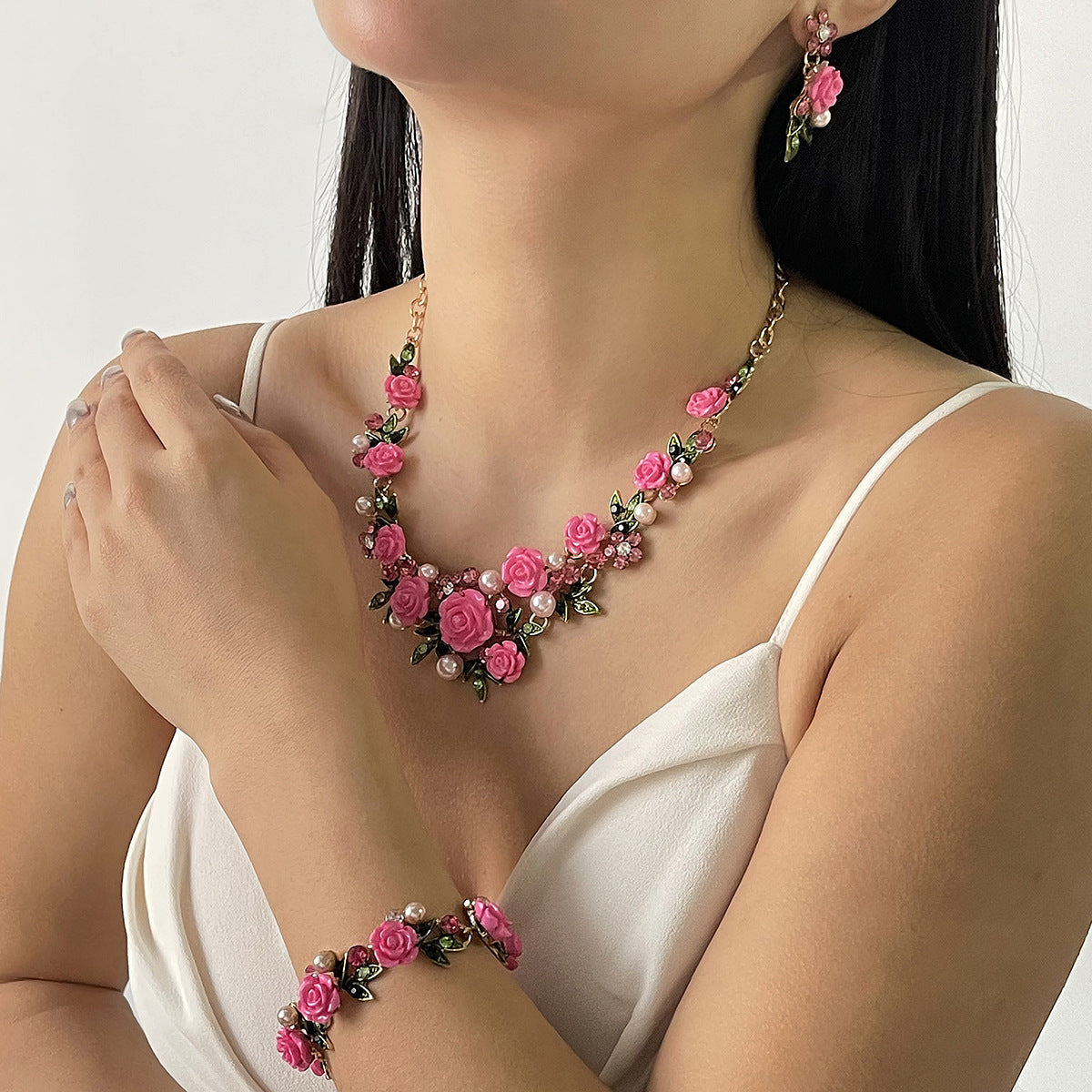 Wholesale  Oil Dropping Flower Pearl Necklace Earrings Bracelet  Accessories