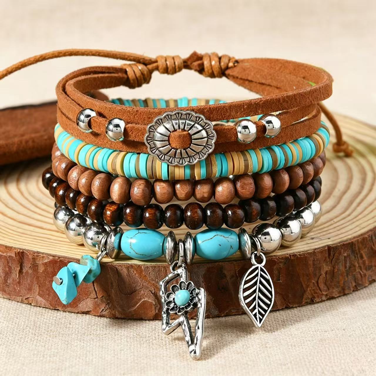 Wholesale 5-Piece Hand Knitted Wooden Bead Bracelets,  Turquoise &  Clay,  Unisex Everyday Wear