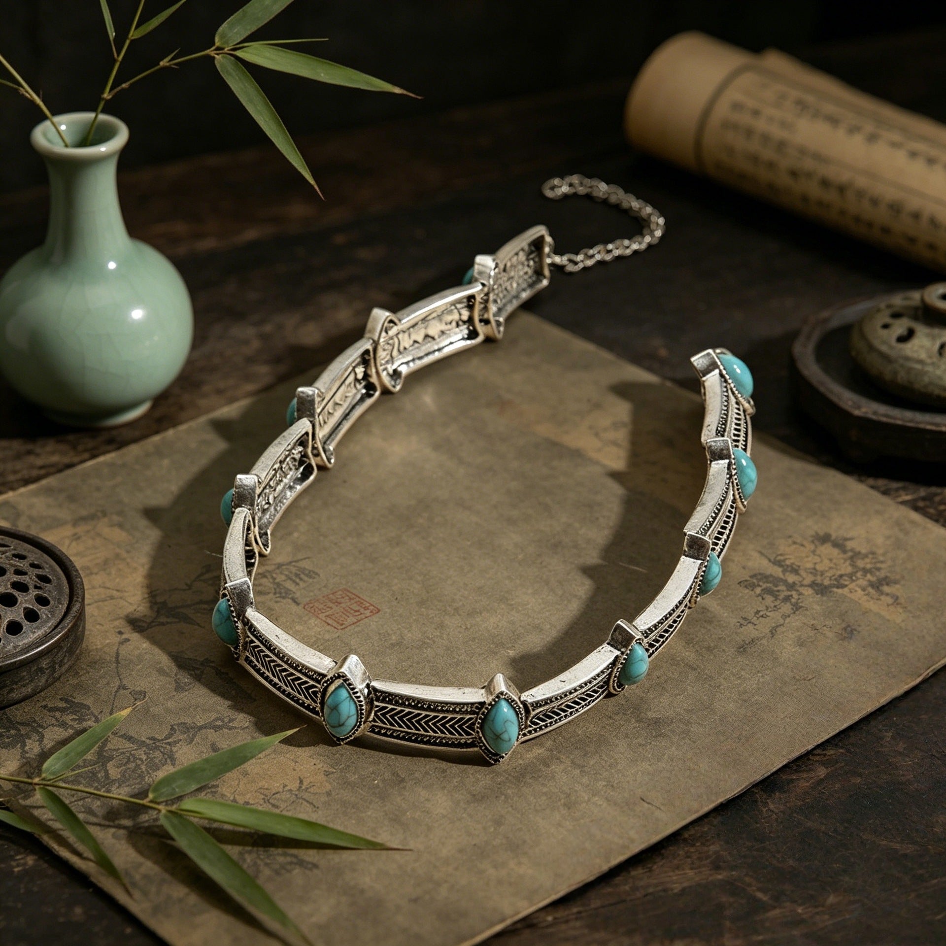 Wholesale Electroplated Alloy Turquoise Clavicle Chain Necklace Retro Ethnic Geometric Style Stylish Gift