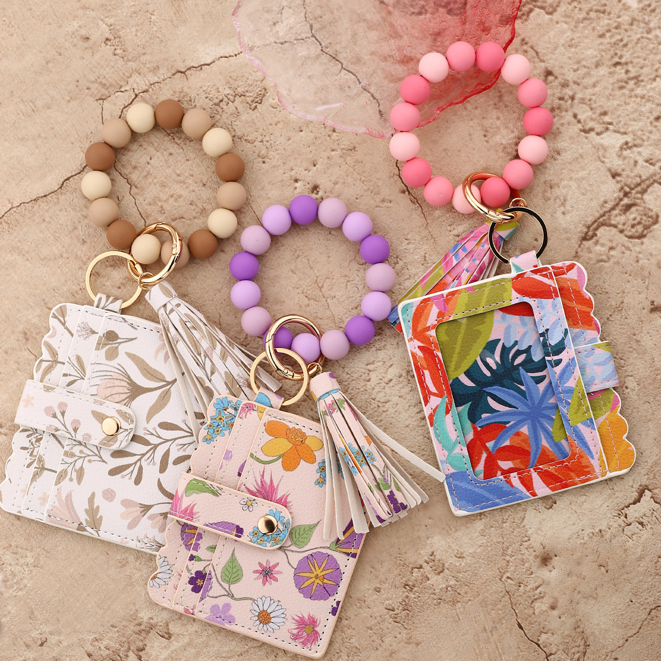 Wholesale  silicone bead bracelet printed card holder Wristlet Keychain