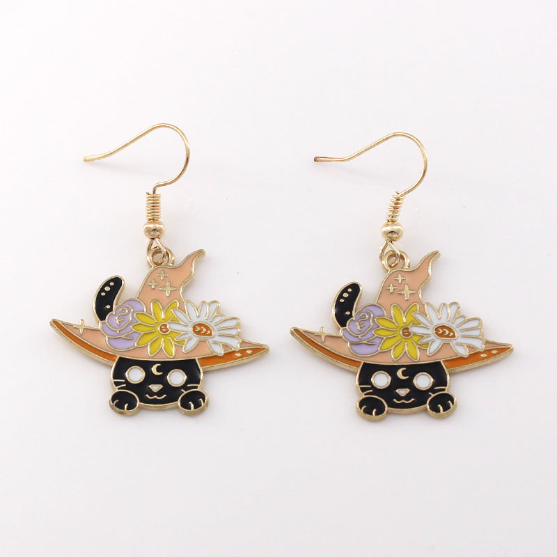 Wholesale Halloween Horror Funny Black Cat Alloy Oil Drop Earrings ACC-ES-liyao008