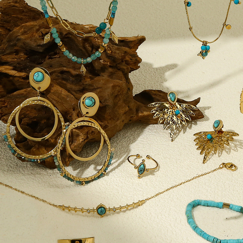 Wholesale Pine blue stone stacked jewelry suit women's titanium steel natural stone necklace earrings ring