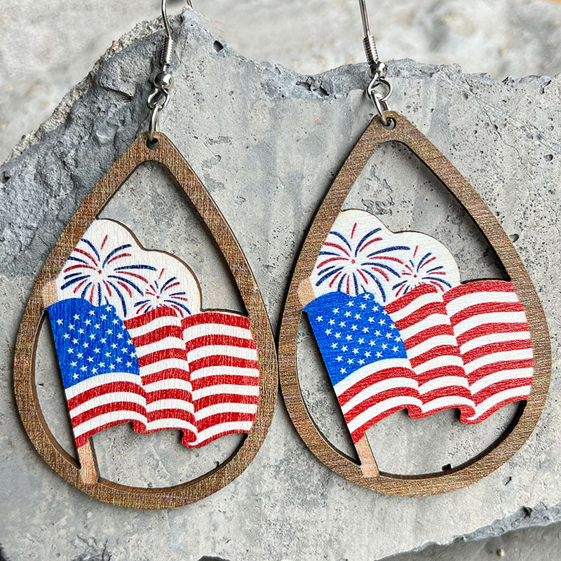 Wholesale wooden hollow water droplets US Independence Day earrings