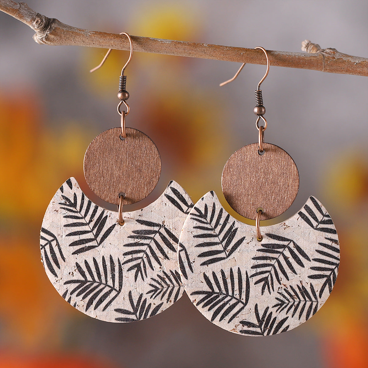 Wholesale  Bohemian distressed flower leaves leather wood pendant earrings