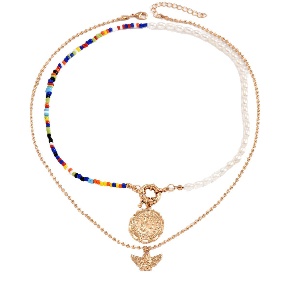 Wholesale multi-layered round angel wing pendant necklace