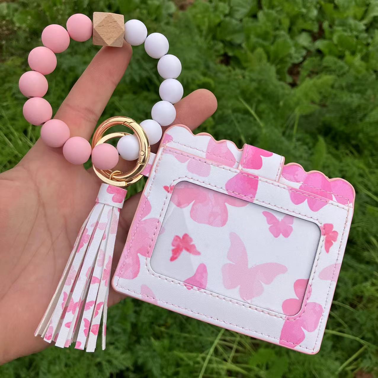 Wholesale Leopard Plaid Western Style Card Holder Silicone Beaded Wristlet Keychain ACC-KC-QiuXue011