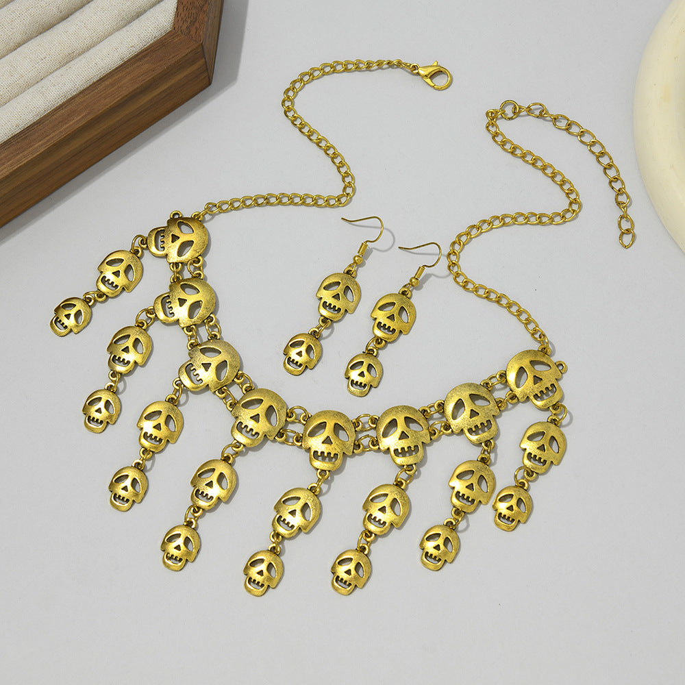 Wholesale Zinc Alloy Skull Pendant Necklace and Earring Set Punk Retro Women' s Party Jewelry Accessory