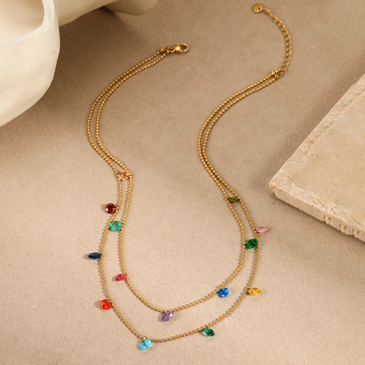 Wholesale Stainless steel Necklace Light Luxury Niche Inlaid with Colorful Zircon Multi-layer Stacked Necklace
