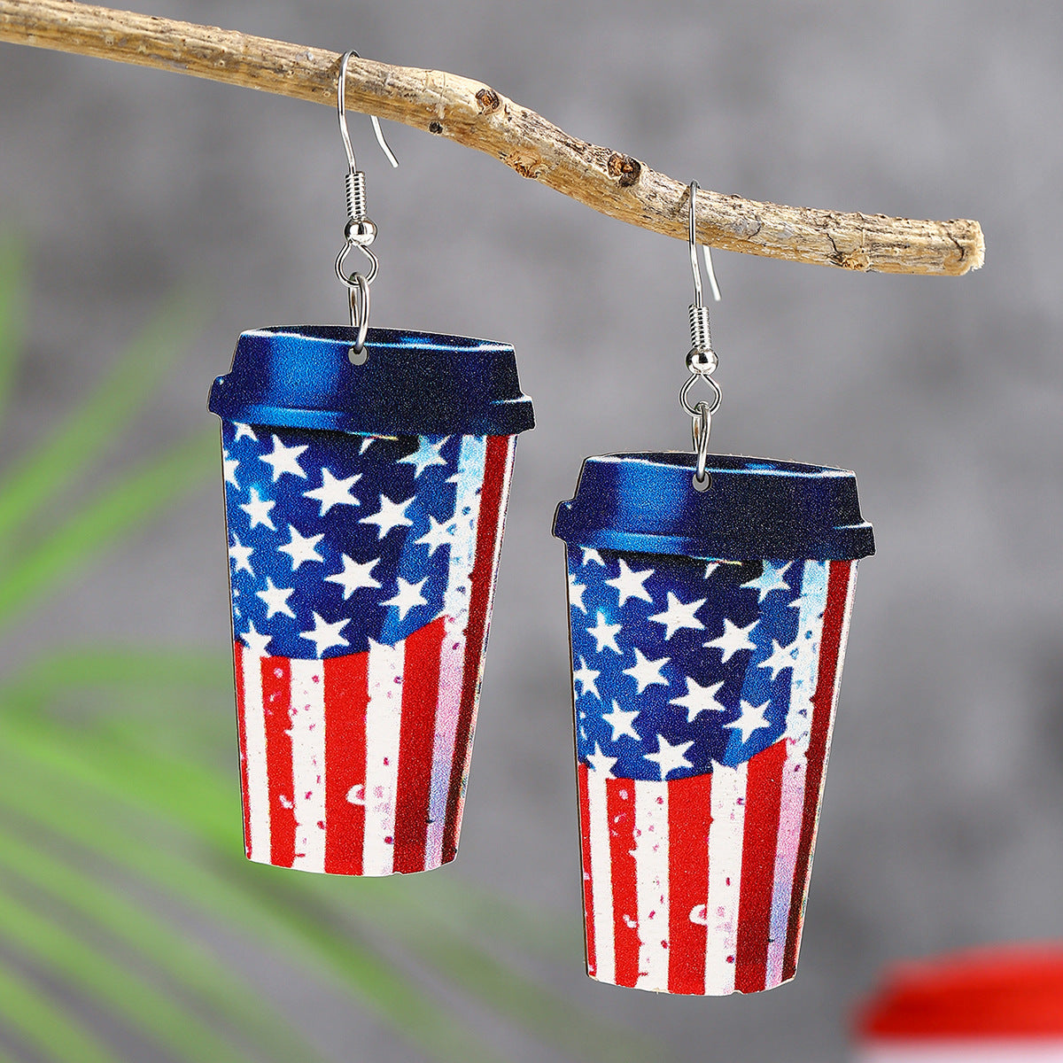 Wholesale  US Independence Day Element Wooden Water Drop Earrings