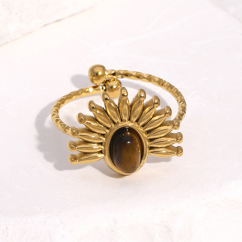 Wholesale Fashion Flower Design Open Ring,  Stainless Steel with Amber Stone,  18K Gold Plated,  Boutique Resale Jewelry Accessory