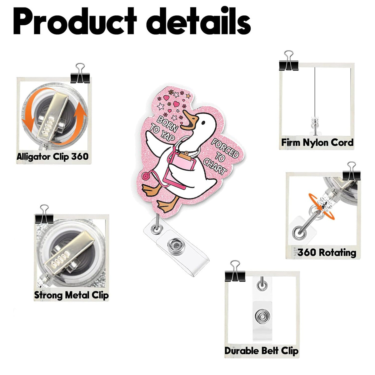 Wholesale Easy-Pull Clip Acrylic Pink Goose  Badge Reels