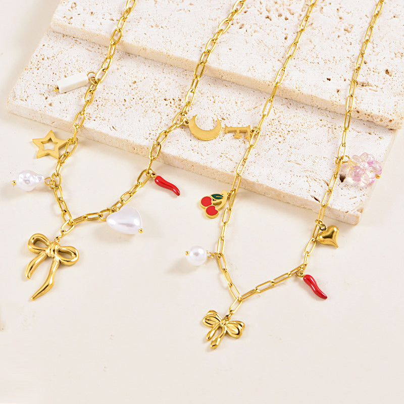 Wholesale Stainless steel Bow Clavicle Chain Colorful Multi-element Cross-border Necklaces Accessories
