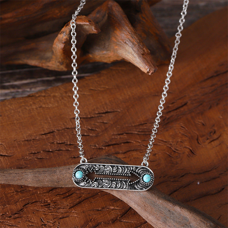 Wholesale Vintage Inlaid Turquoise Geometric Hollow Arrow Pin Clavicle Necklace Trendy Jewelry Accessory