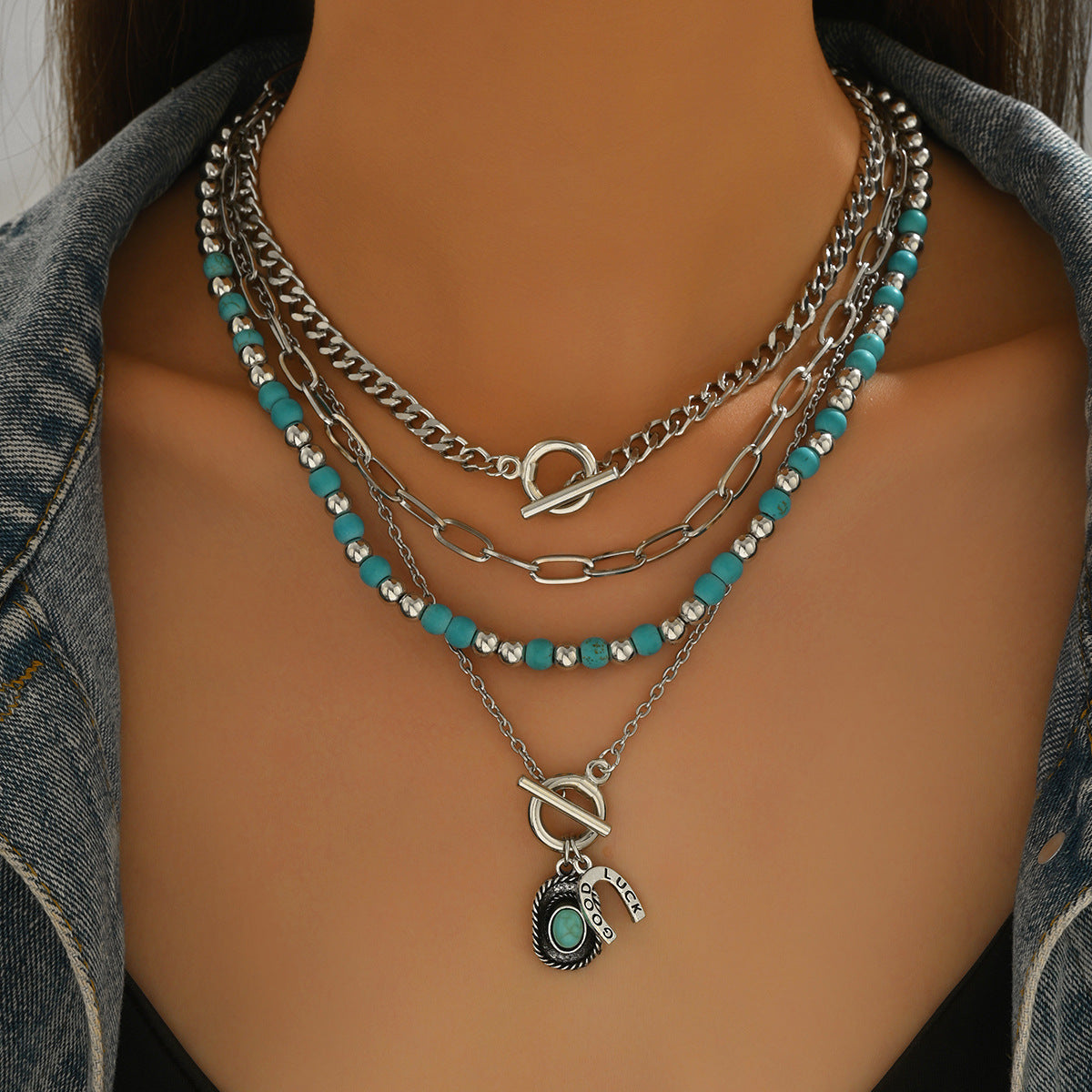 Wholesale Electroplated Alloy Cowboy Necklace Set Vintage Bull Head Turquoise Jewelry Accessory