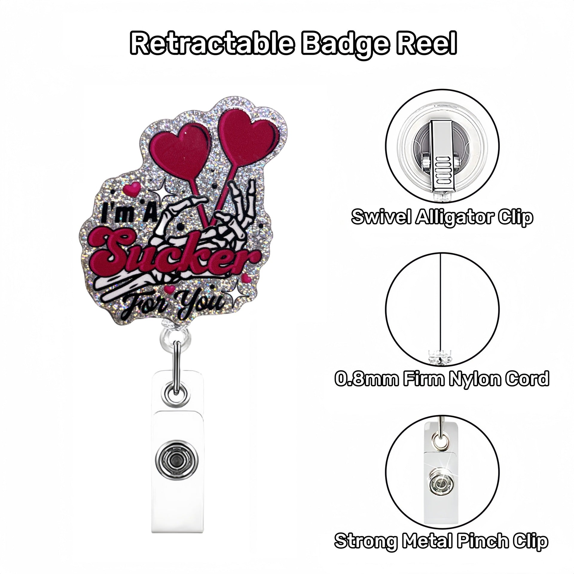 Wholesale Creative acrylic glitter medical care heart-shaped Badge Reels