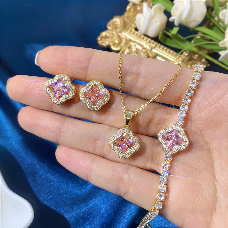 Wholesale Zircon Color Crystal Necklace Set Petal Zircon Earrings Necklace Bracelet