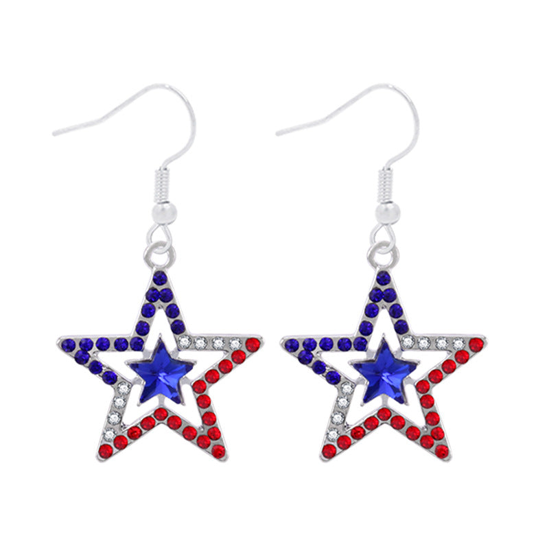 Wholesale  Independence Day earrings  personality red white blue diamond flag USA five-pointed star earrings