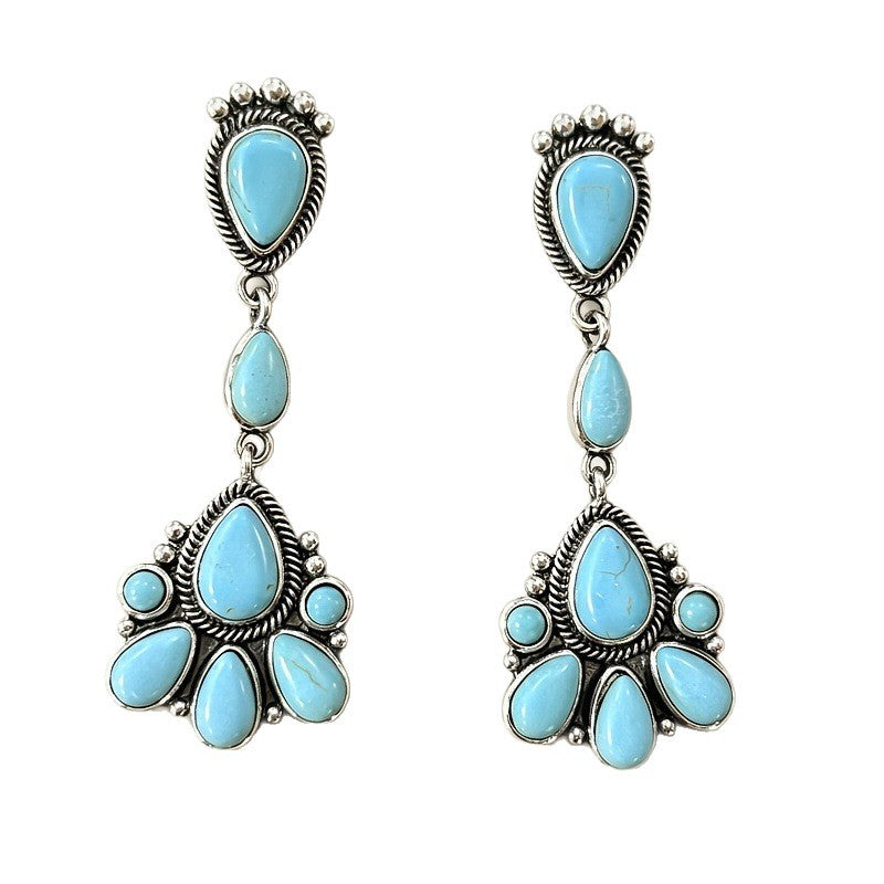 Wholesale Silver Electroplated Alloy Turquoise Teardrop Earrings Retro Bohemian Fashion Jewelry Accessory For Boutique Resale Gift