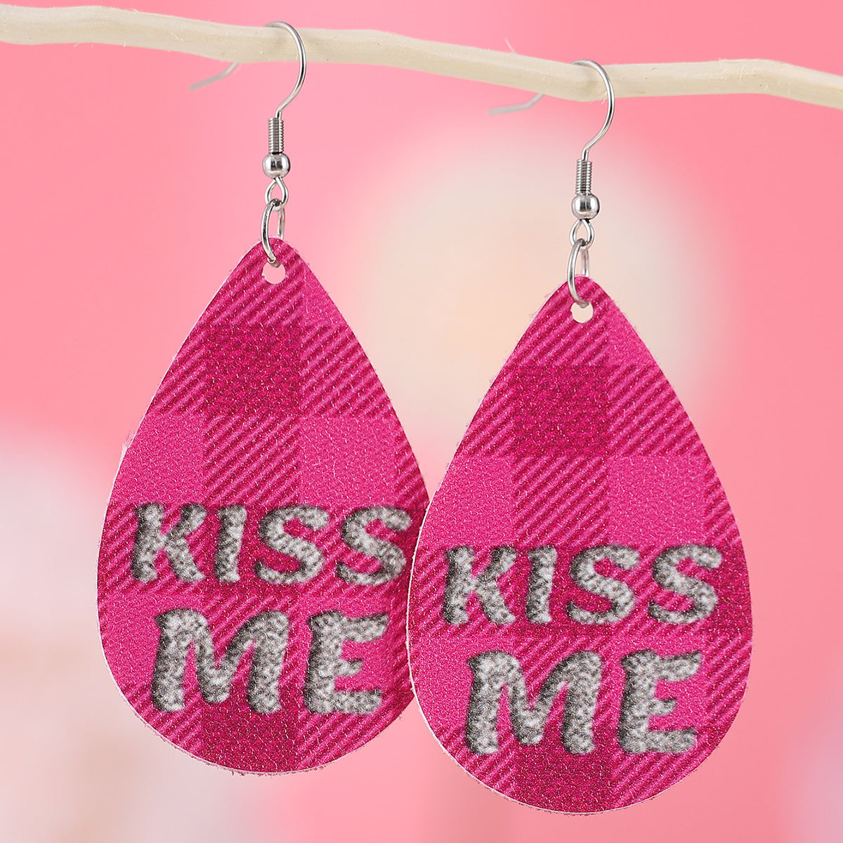 Wholesale Valentine's Day Plaid Love Water Drop Leather Double Sided Earrings