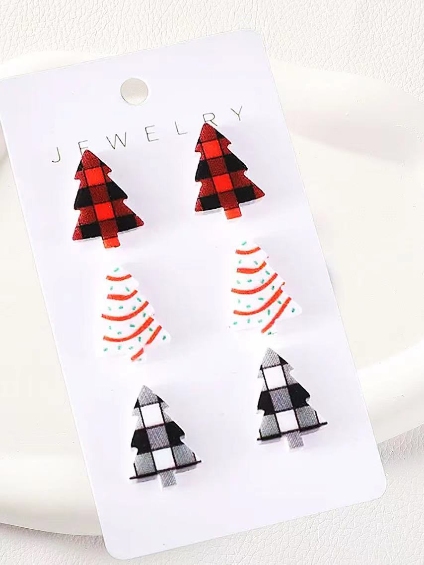 Wholesale Christmas Checkered Leopard Christmas Tree Print Acrylic Earrings Set ACC-ES-AnDao036