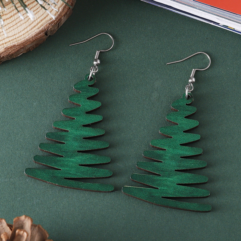 Wholesale Christmas green Christmas tree pendant earrings wooden