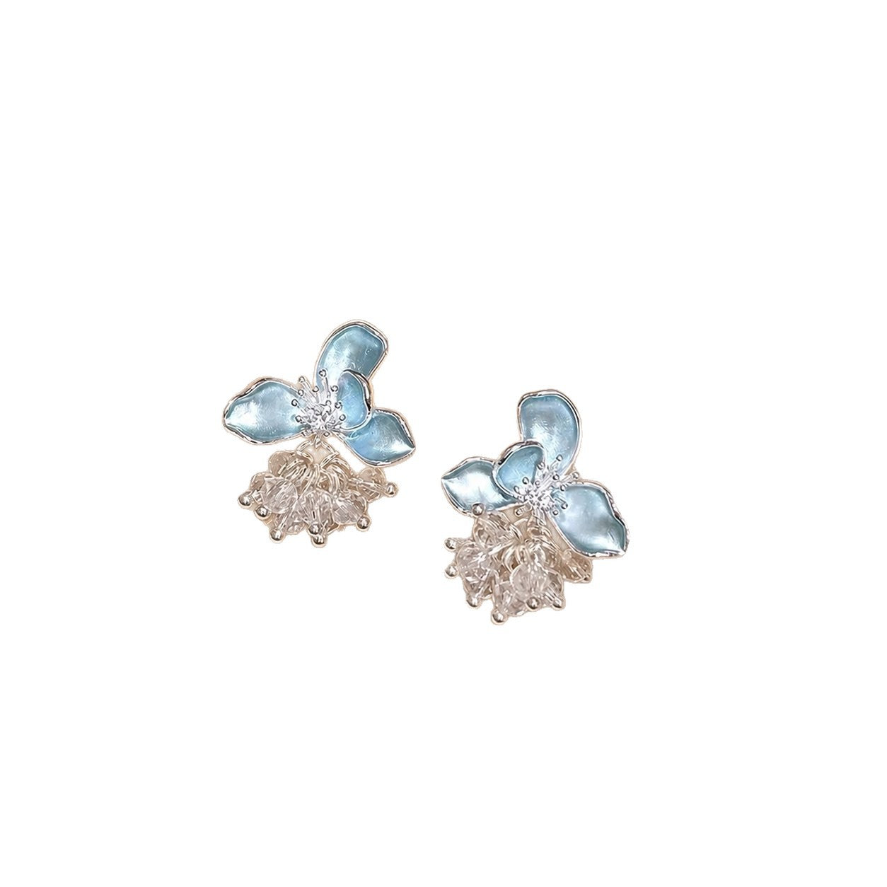 Wholesale French Blue Oil Drop Flower Earrings with Tassels Alloy Jewelry Accessory