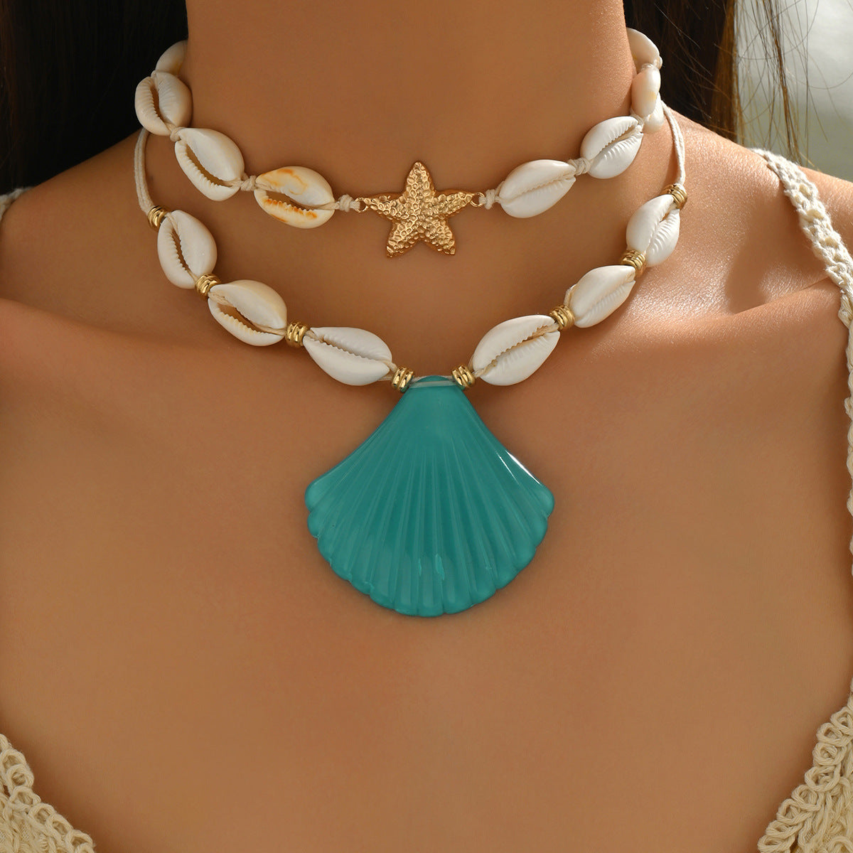 Wholesale Bohemian beach style exaggerated shell pendant necklace double layered necklace
