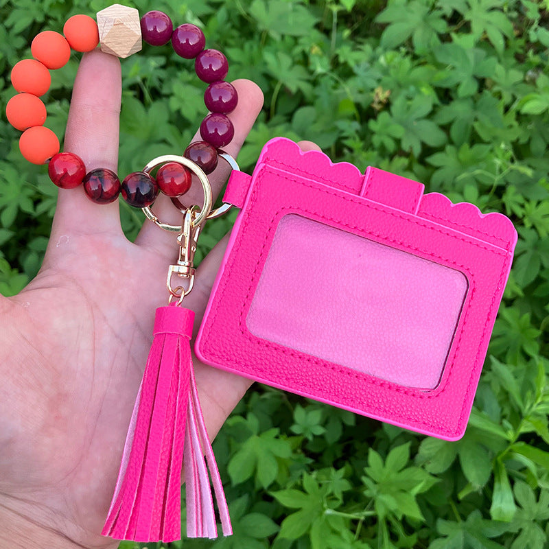Wholesale Leopard Plaid Western Style Card Holder Silicone Beaded Wristlet Keychain ACC-KC-QiuXue011