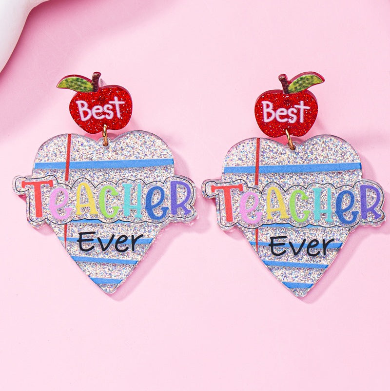 Wholesale Fashion Earrings  Cute Heart-Shaped LettersApple Earrings Teacher' s Day Acrylic Earrings Jewelry