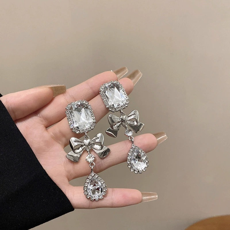 Wholesale 925 Silver Needle Exaggerated Geometric Bow Rhinestone Earrings