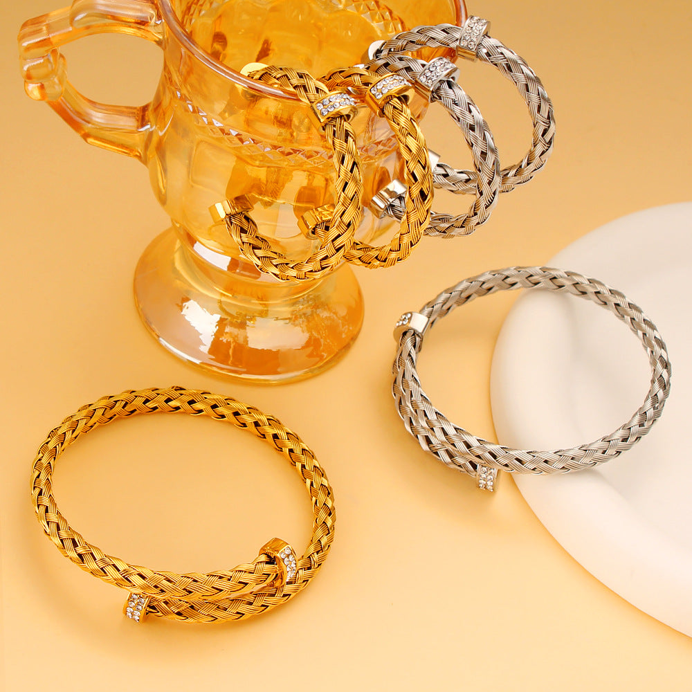 Wholesale Stainless Steel Bracelets Braided Open Bracelet 18K Gold Bracelet Earrings Set ACC-BT-Yueshi003