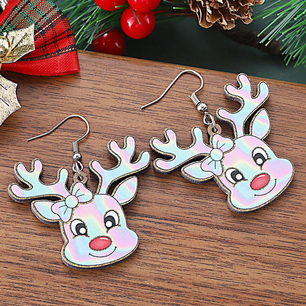 Wholesale Christmas  elk pendant earrings wooden double-sided western style