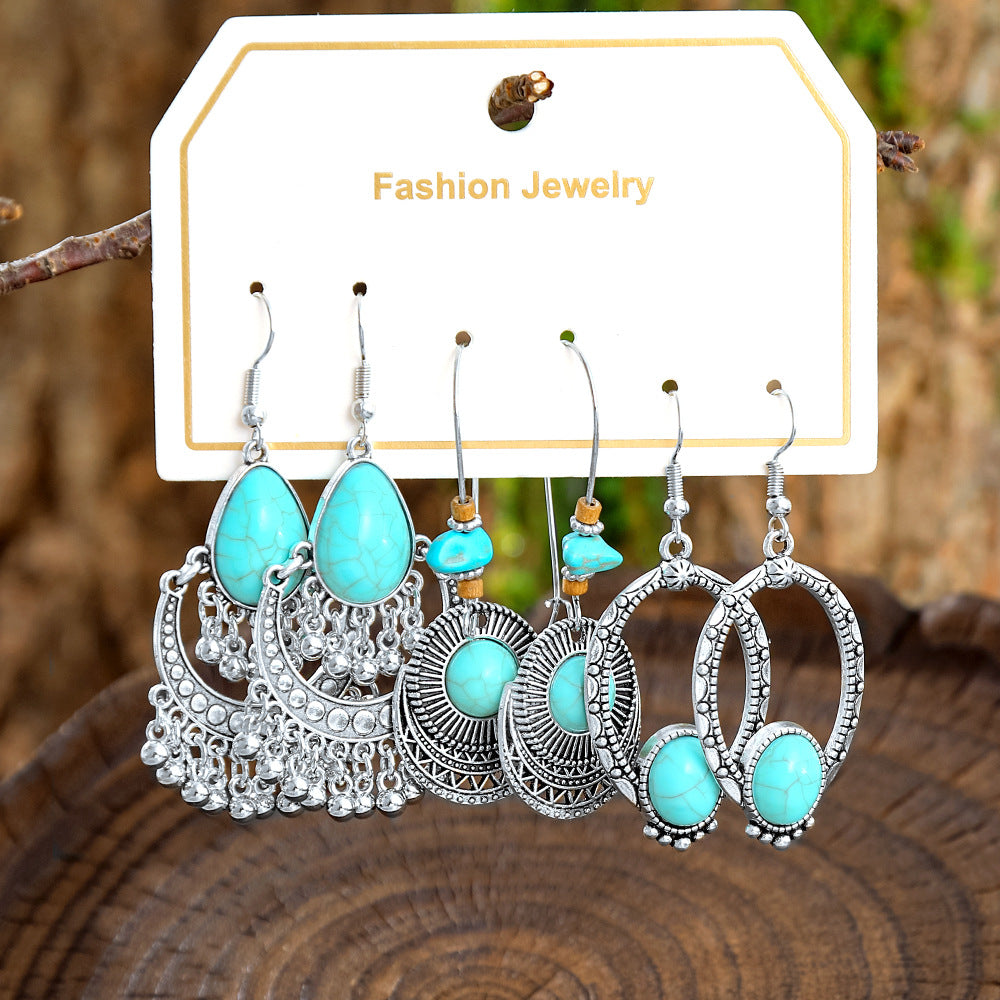Wholesale European and American Cross-Border Hot Selling New Turquoise Earrings Set Fashion Ethnic Holiday Style Earrings Earrings Manufacturer