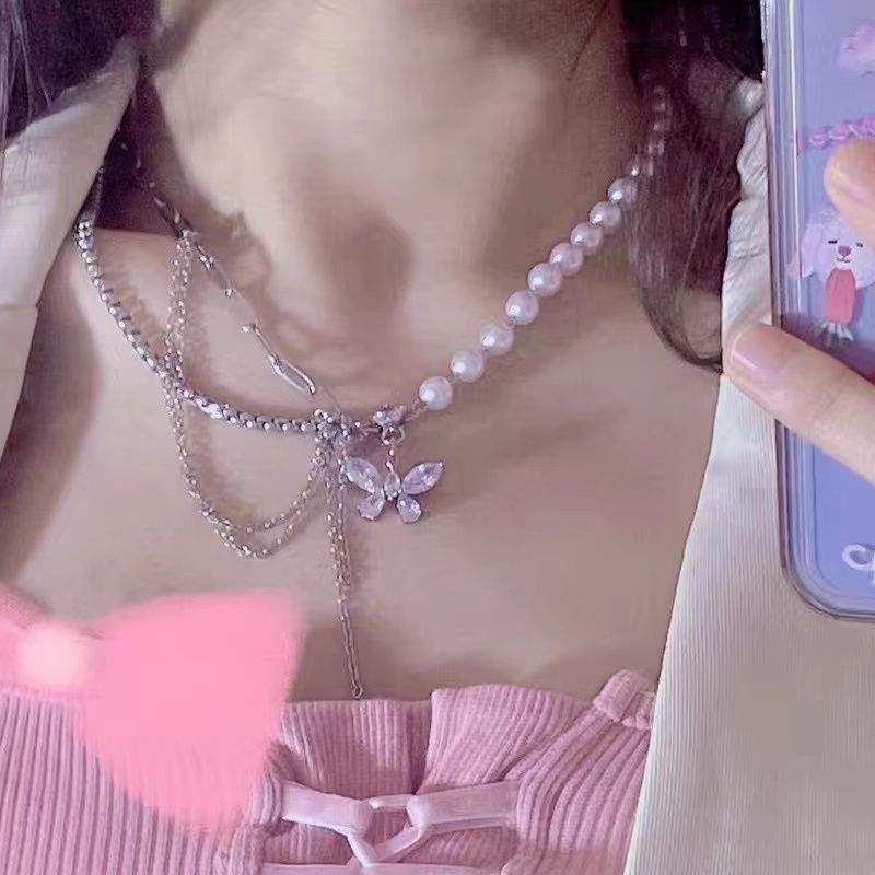 Wholesale Butterfly Tassel Pearl Necklace  Light Luxury  Butterfly  Necklace