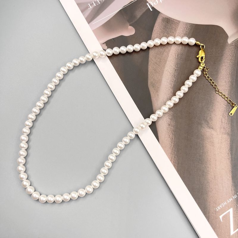 Wholesale French Glass Pearl 16 inch Long Necklace Light Luxury Clavicle Chain Titanium Steel Lobster Clasp ACC-NE-LaoY001