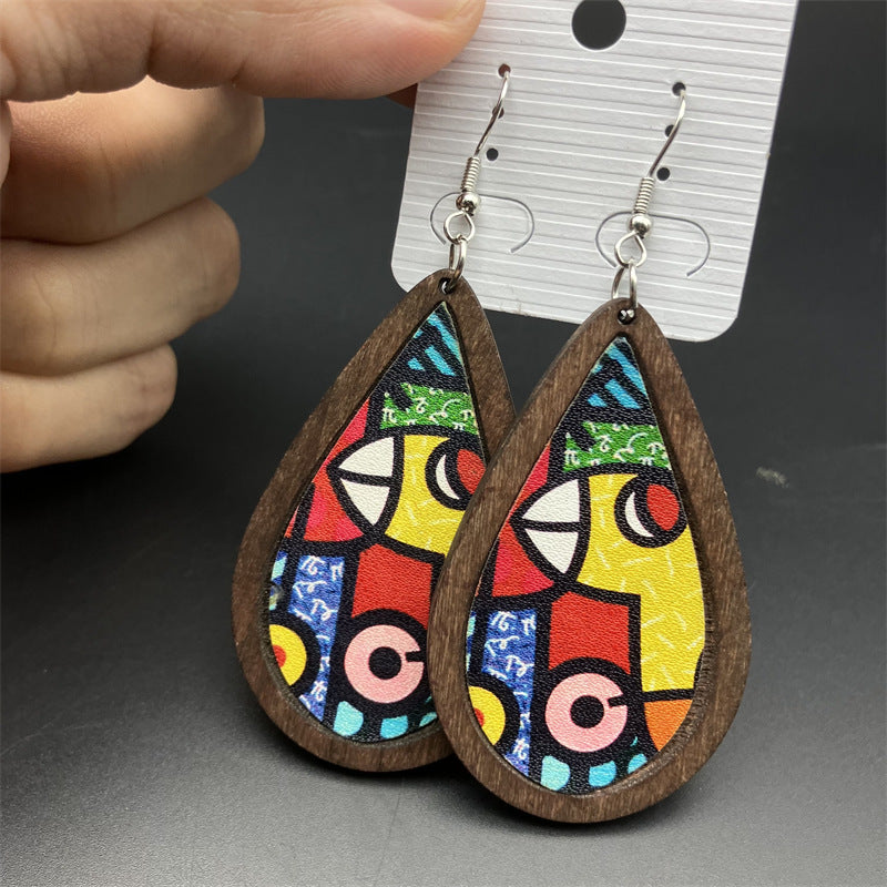 Wholesale Vintage Wood Oil Painting Style Water Drop Earrings ACC-ES-FX043