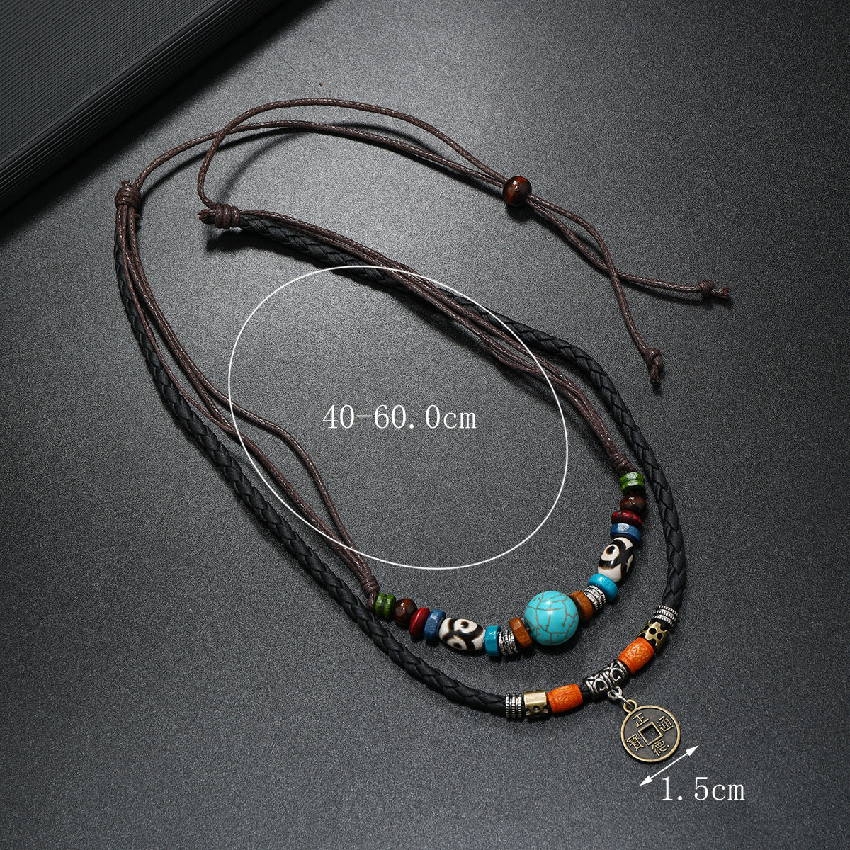 Wholesale Vintage Retro Multi Layer Turquoise Bead Woven Leather Necklace With Alloy Coin Pendant For Men Handmade Fashion Accessory