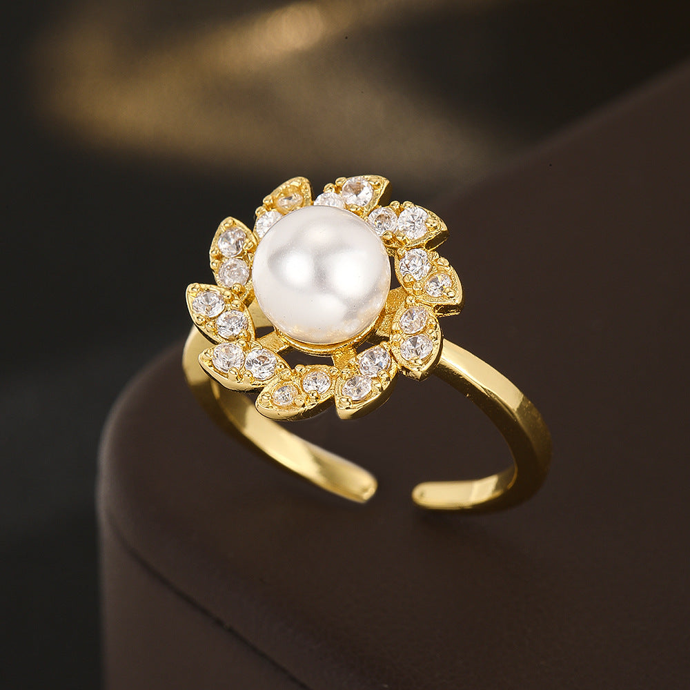 Wholesale Pearl Zircon Flower Open Ring Stylish Women S Gold Copper Fashion Jewelry Everyday Wear Accessory