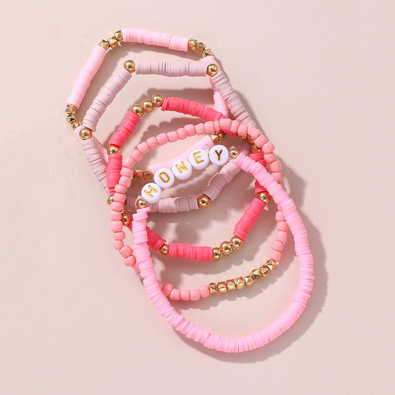 Wholesale Valentine's Day Pink soft pottery letters bracelet set