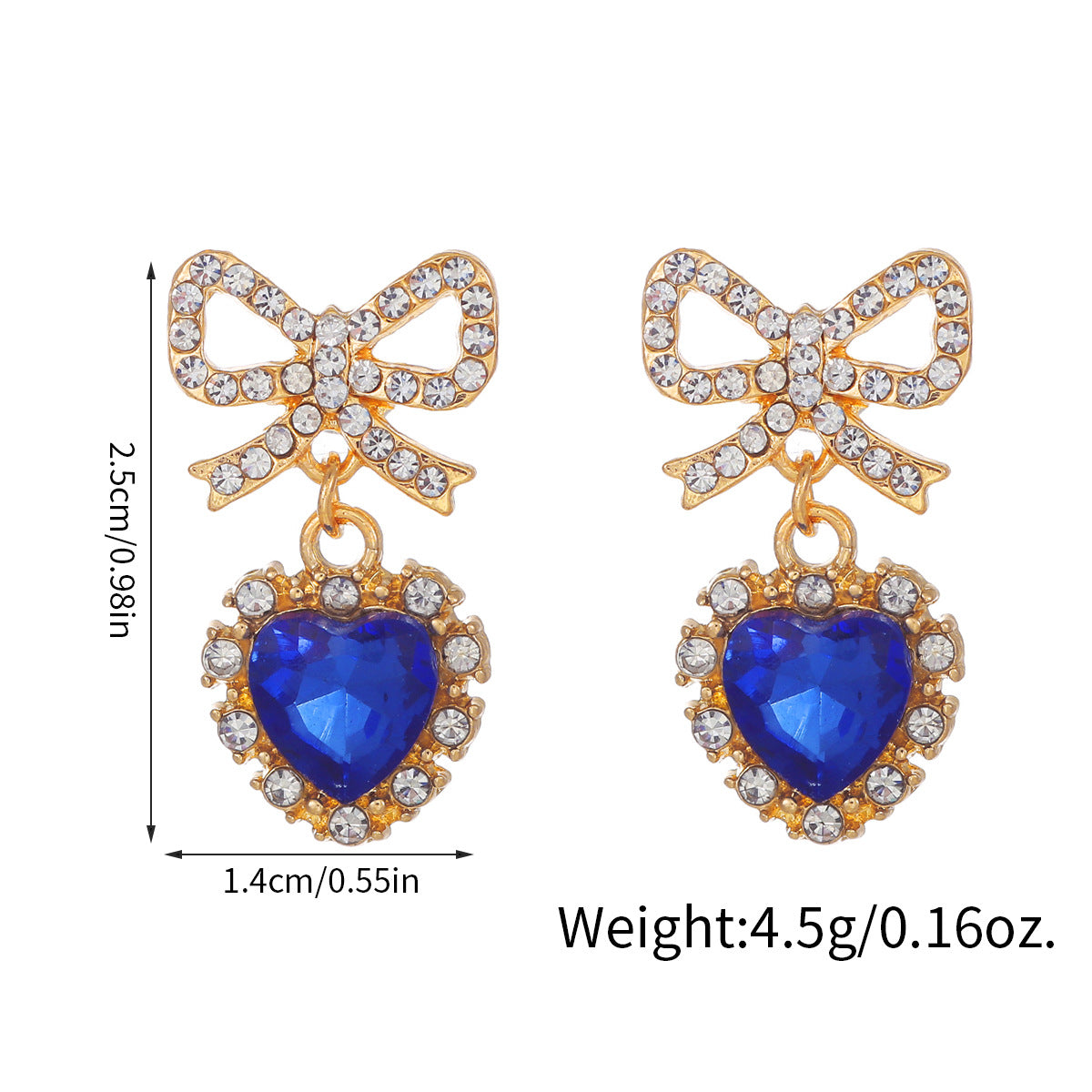 Wholesale Zinc alloy heart-shaped bow earrings with rhinestones