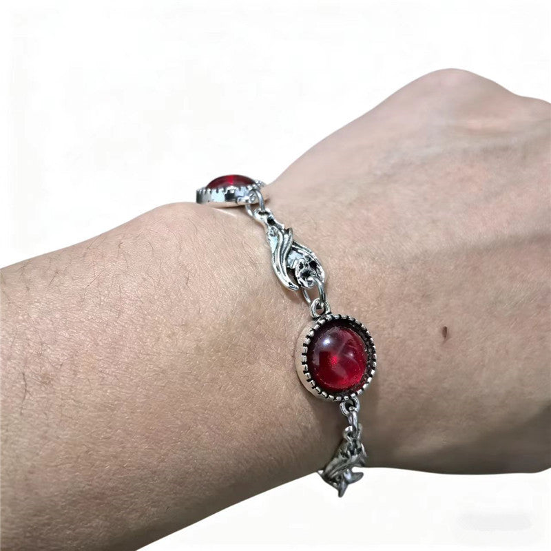 Wholesale Stainless Steel Gothic Bat Bracelet with Blood Red Glass Inlay,  Fashion Accessory for Men and Women