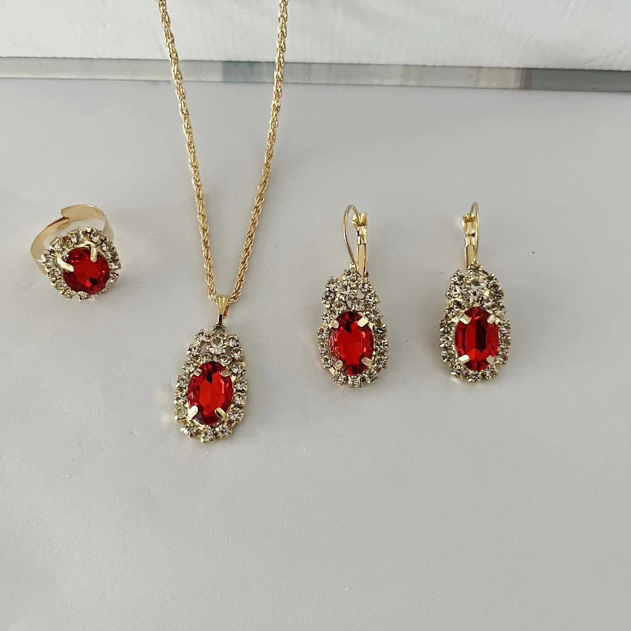 Wholesale Water Drop Heart Rhinestone Set Necklace Earrings Ring ACC-NE-AnHe005