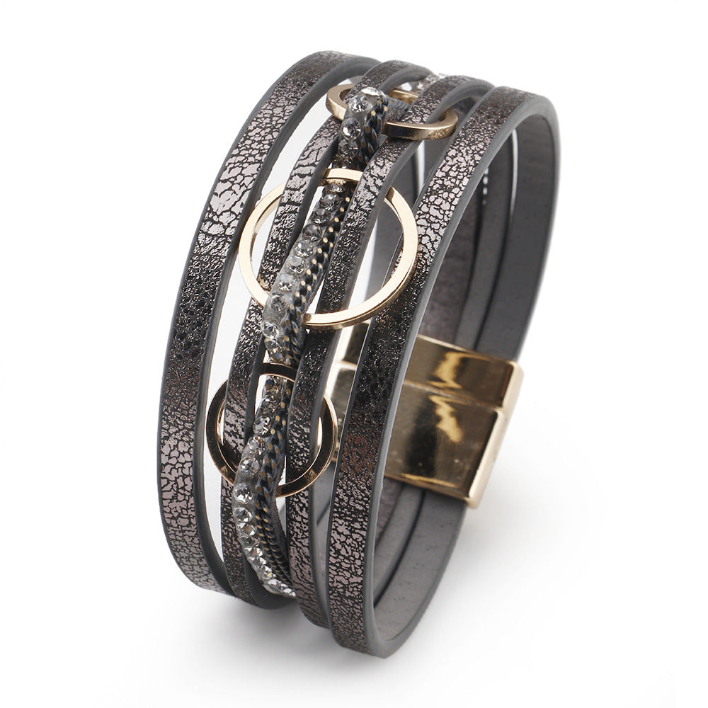 Wholesale Pink PU Leather Women S Layered Bracelet With Magnetic Clasp And Interlocking Rings Stylish Jewelry Accessory For Everyday Wear