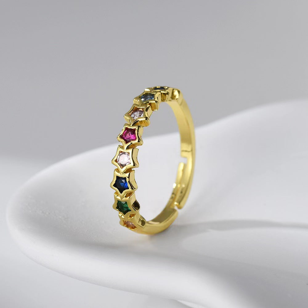 Wholesale Copper Plated 18K Gold Micro-inlaid Colored Zircon Five-pointed Star Open Adjustable Rings ACC-RS-YXY028