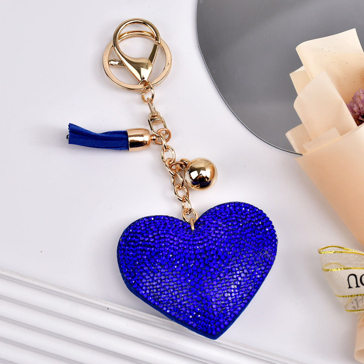 Wholesale  Peach Heart Rhinestone Leather Keychain