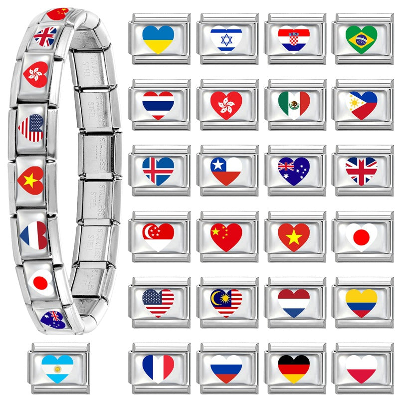 Wholesale Electroplated Stainless Steel Heart Italian Flag Charm DIY Bracelet Jewelry Accessory Boutique Resale