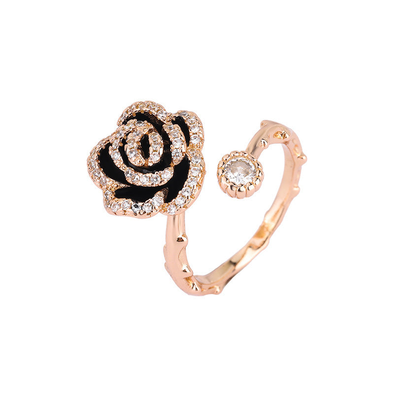 Wholesale Black camellia ring light luxury ring