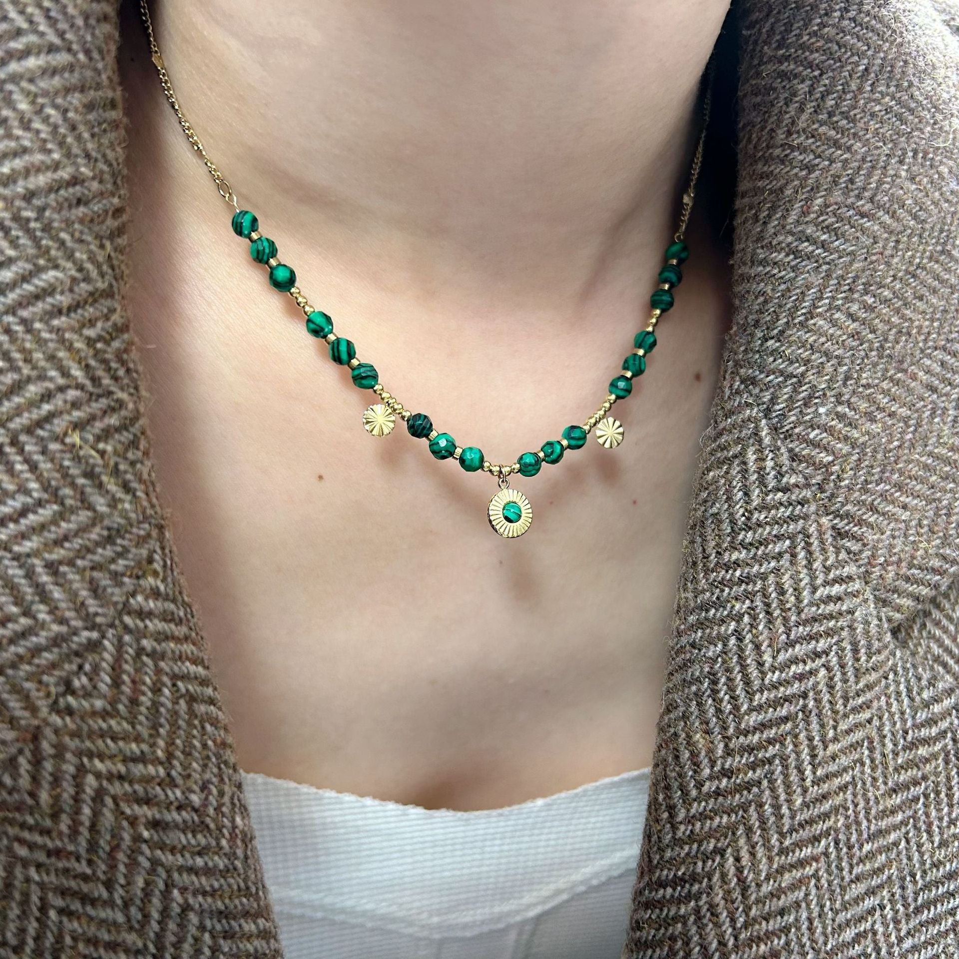 Wholesale Stainless Steel Natural Malachite Beaded Necklace Freshwater Pearl Clavicle Chain