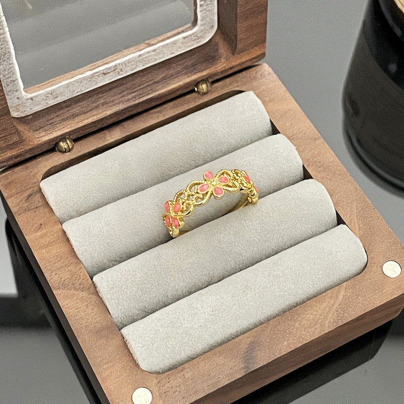 Wholesale Retro  Flower Leaf Dropping Glaze Fashion Opening Ring