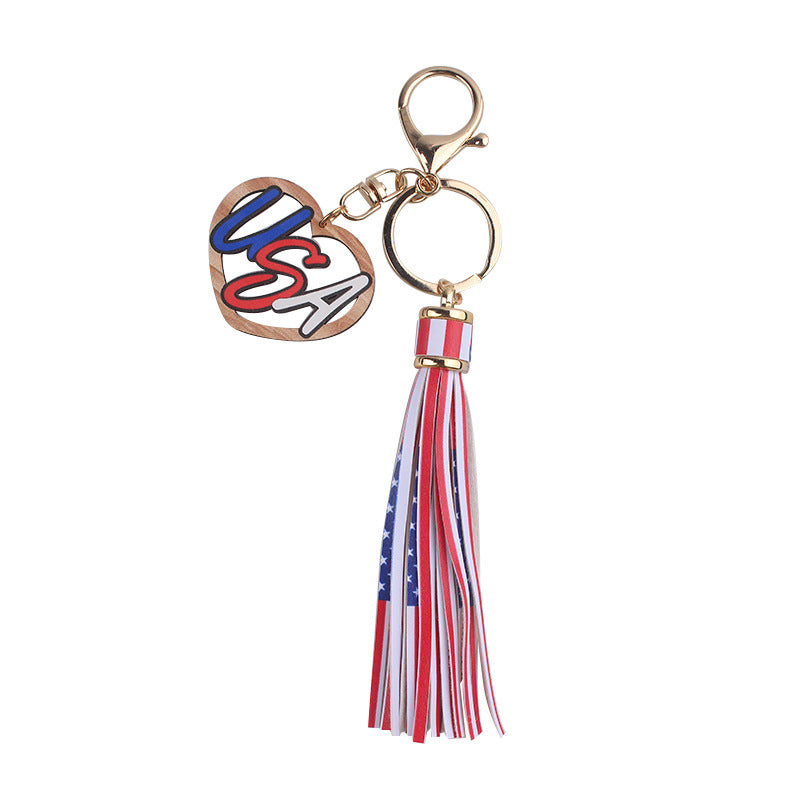 Wholesale American Independence Day Wooden Sign Tassel Keychain ACC-KC-GuangTian055